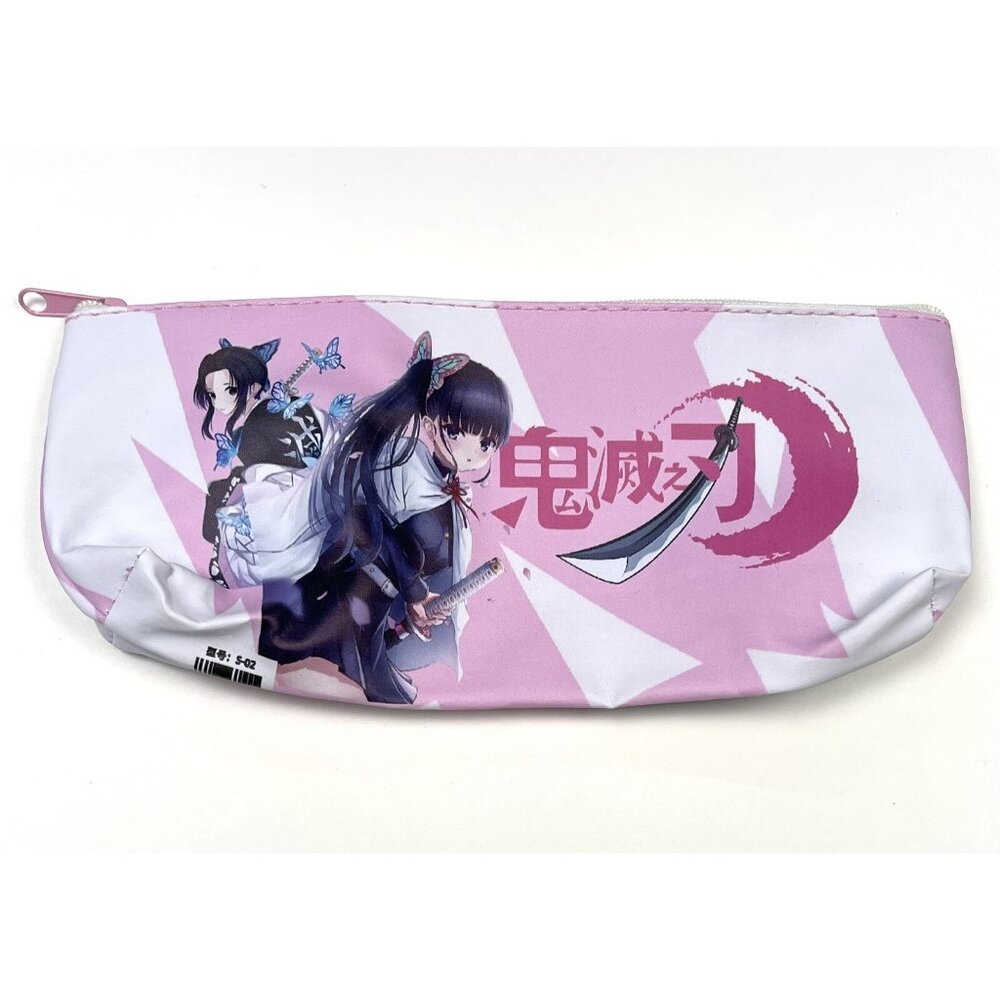 8.5"x4" Pink White DEMON SLAYER Anime Vinyl Zipper PENCIL POUCH Makeup Bag EUC
